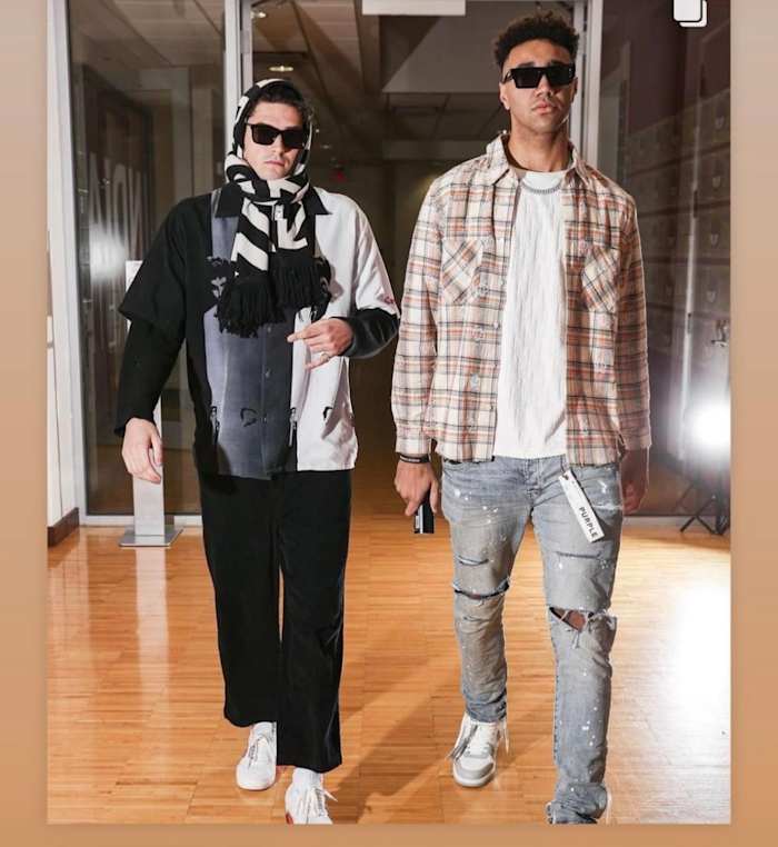 Trey Galloway (left) rocking the scarf along with Trayce Jackson-Davis.